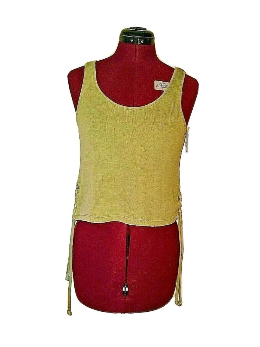 Wild Pearl Tank Top Women L Olive Acorn Cropped Side Lace-Up Tie Back Casual
